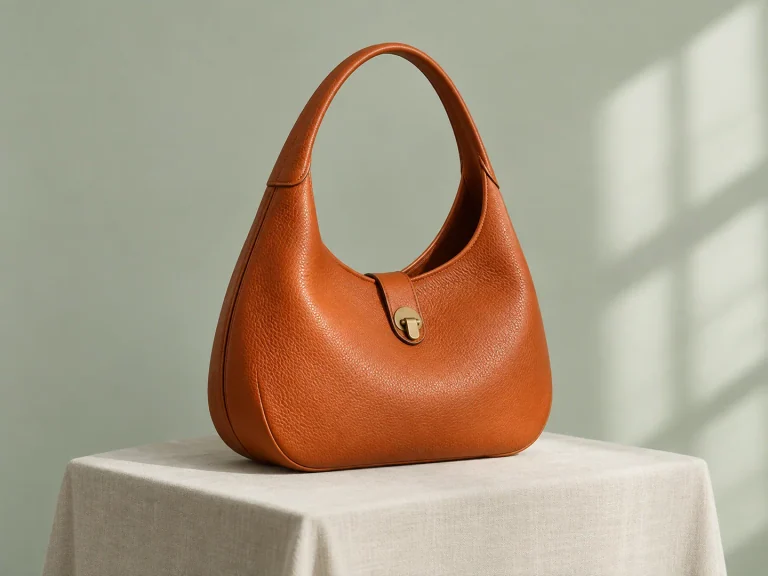 Orange leather handbag with a tall handle showing the background through its opening, on a linen-covered plinth.