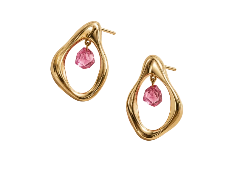 Gold loop earrings with pink gemstones on ivory paper, compared with the same earrings isolated — Background removed