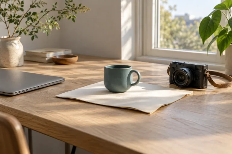 Matte teal cup centered on pale photo paper, closed laptop at left and camera at right on a sunlit workbench.