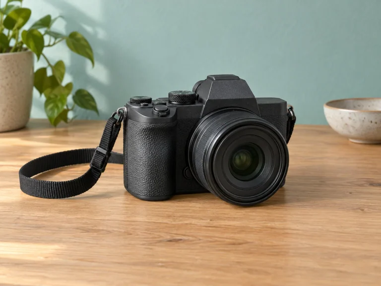 Charcoal mirrorless camera with a looped black strap on a wooden table, with blurred plant and mug behind.