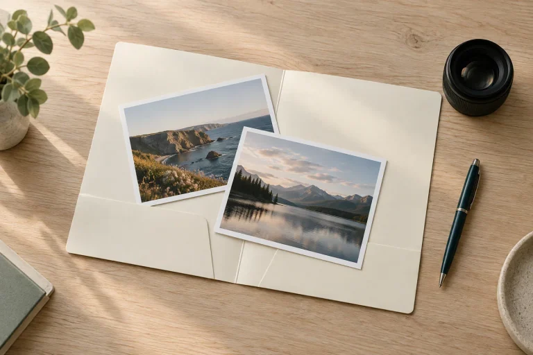 A cream folder holding two landscape photo prints, beside a teal pen and camera lens on a pale wooden desk.