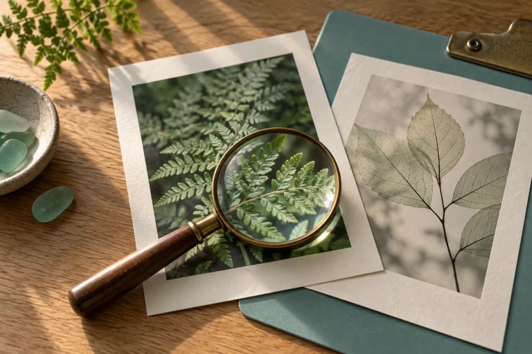 A magnifying glass over a fern photo print on a teal clipboard, enlarging the fine leaf details.