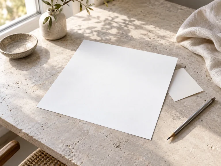 Blank white paper and a silver pencil on a limestone table in soft window light