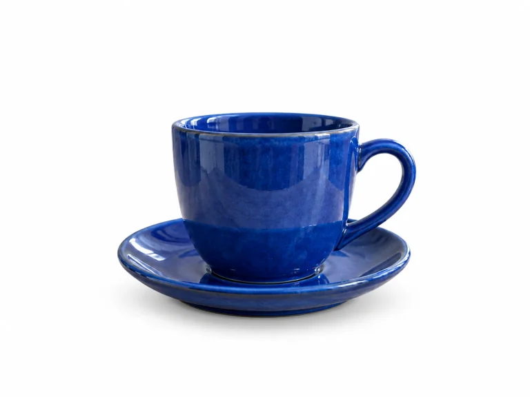 Blue cup and matching saucer on white, with the background visible through the handle.