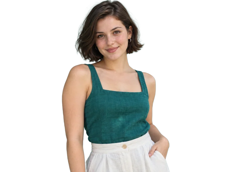 Woman in a teal top — Background removed