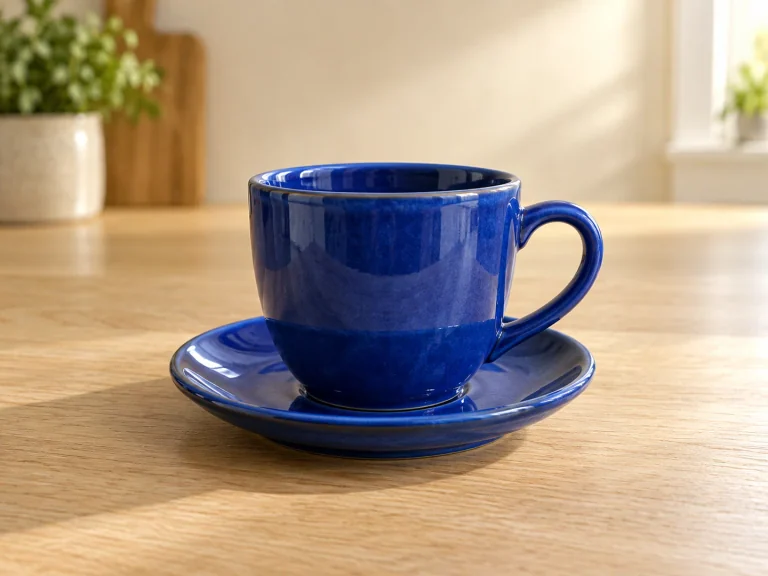 Blue ceramic cup and matching saucer on a pale wooden table.