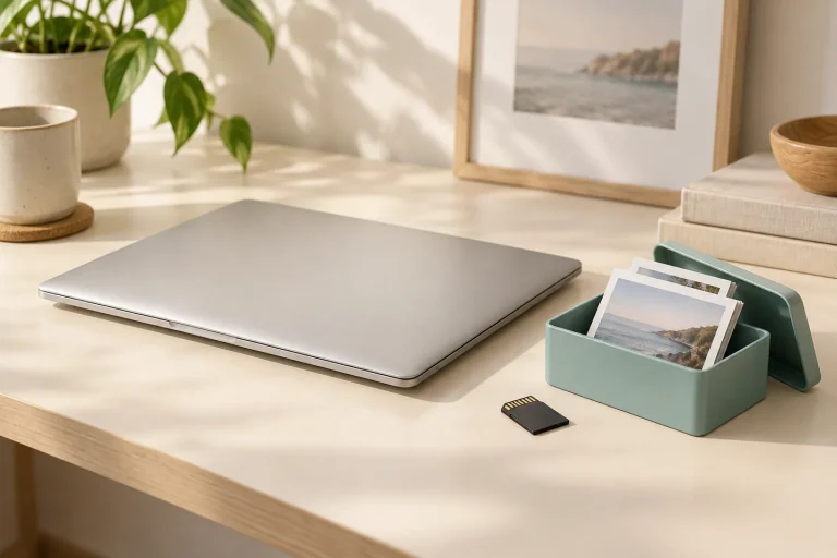 A closed laptop, a teal box of photo prints, and a memory card on a cream desk.