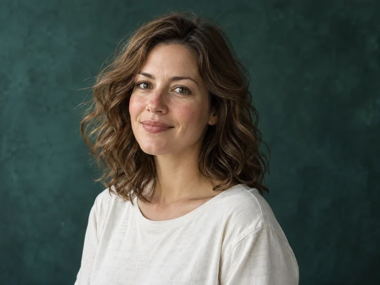 An adult woman with loose wavy brown hair and an ivory shirt, standing against a solid teal backdrop.