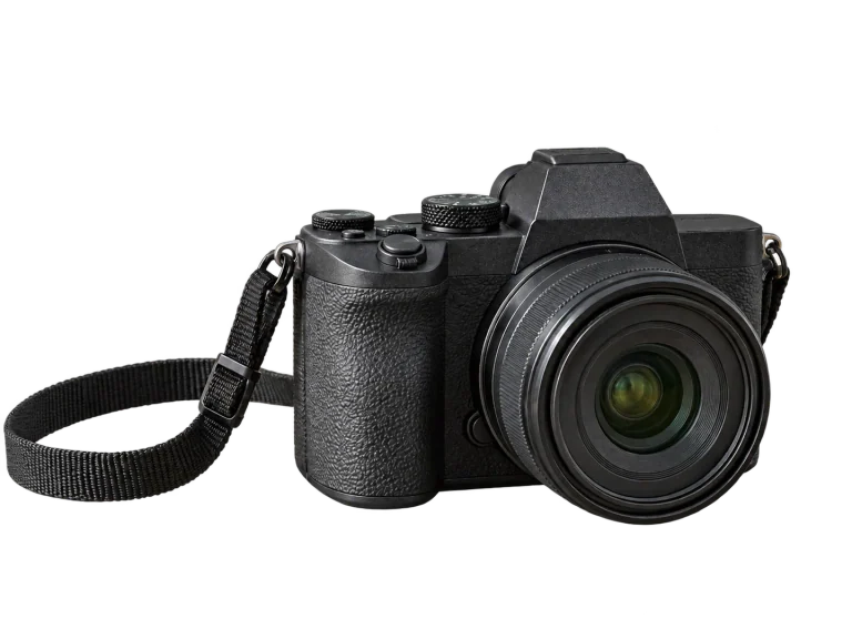 Charcoal camera cutout with a looped black strap and a transparent gap inside the strap.