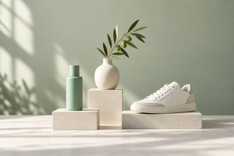 A mint skincare bottle, ivory vase with an olive branch, and white sneaker on product-photo plinths.