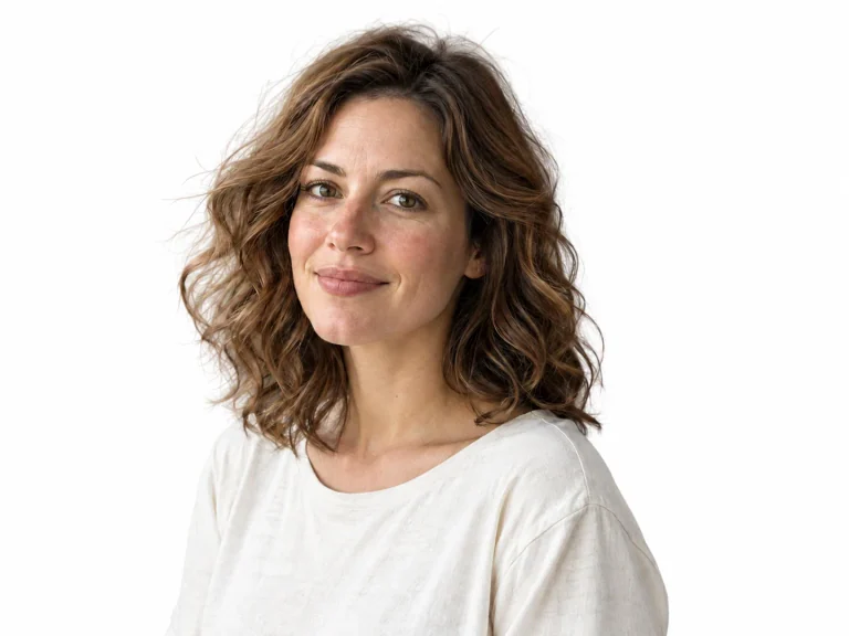 The woman in an ivory shirt on a plain white background, with fine brown hair visible around the edges.
