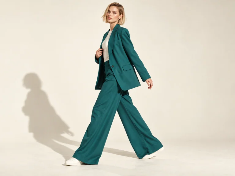 Woman in a tailored teal suit walking through a bright studio