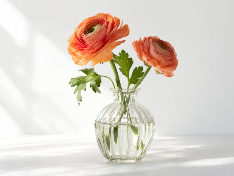 Coral ranunculus in a ribbed glass vase on a naturally lit white tabletop