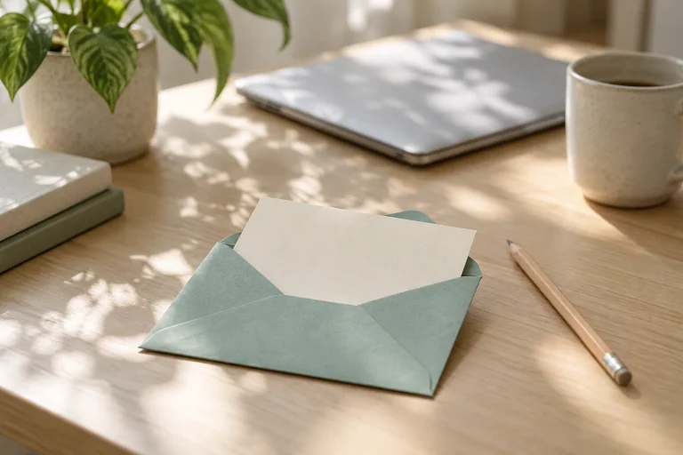 A blank cream note card partly inside a teal envelope, with a pencil and closed laptop on a desk.