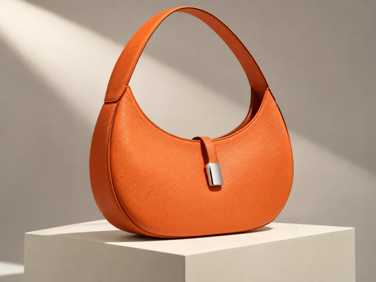 Sculptural orange leather handbag on an ivory pedestal, compared with the same bag isolated
