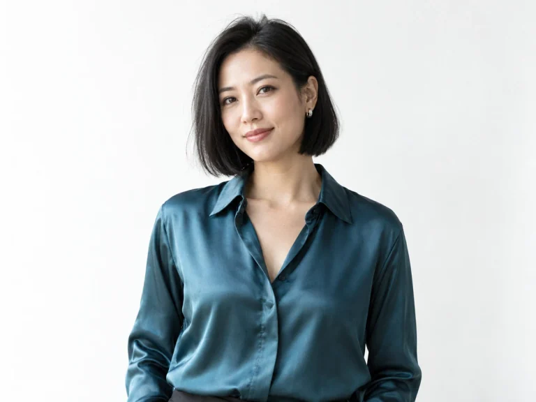 Woman with a black bob and teal silk shirt photographed against a white studio backdrop