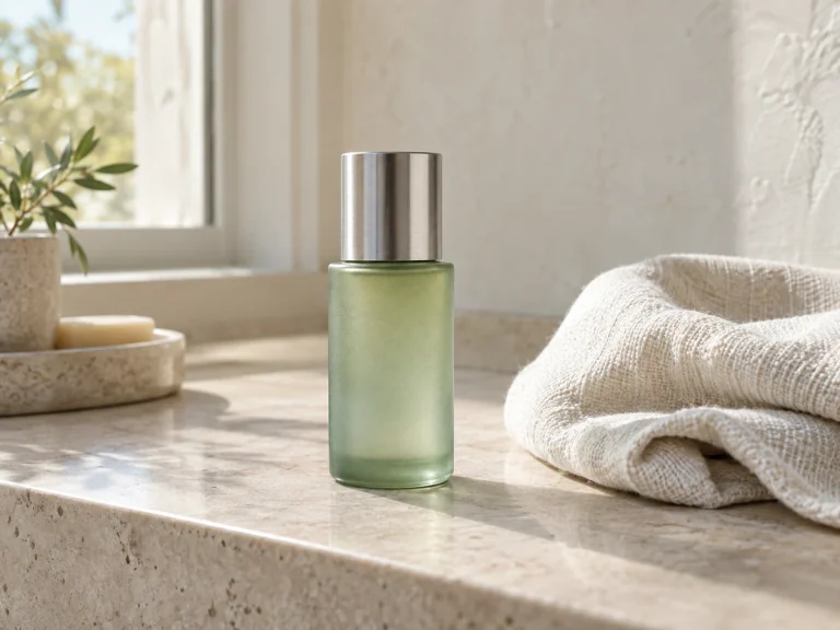 Sage-green skincare bottle on a limestone vanity beside an ivory linen towel in natural window light