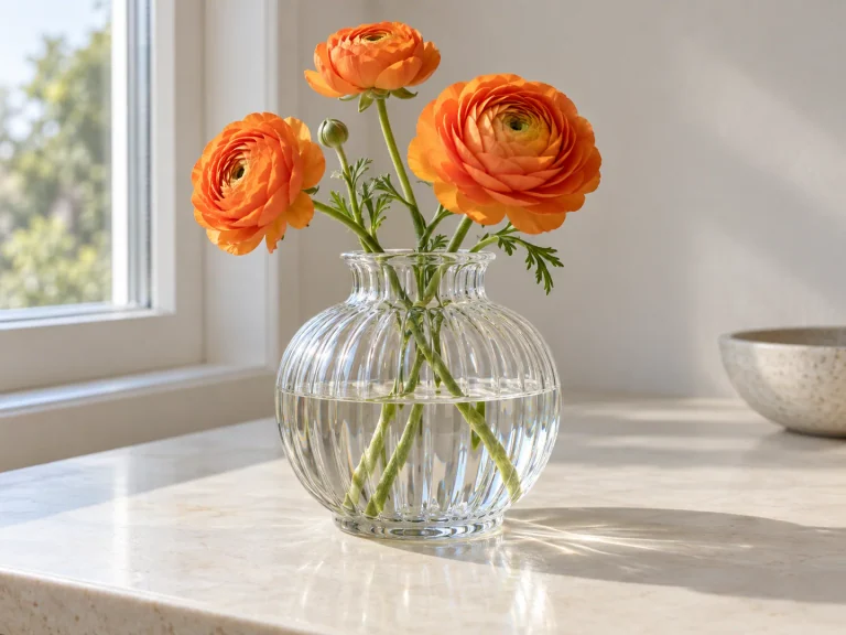 Orange flowers in a ribbed transparent glass vase containing water and showing visible surface reflections.