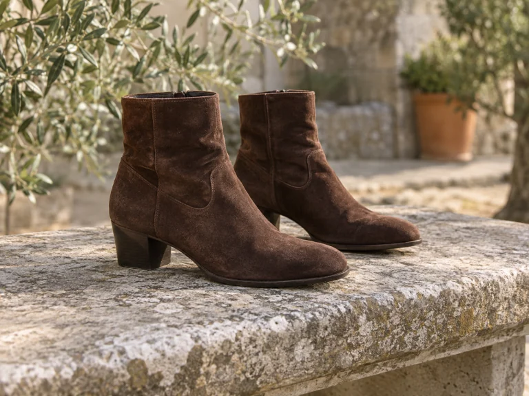 Brown suede boots resting on a stone bench