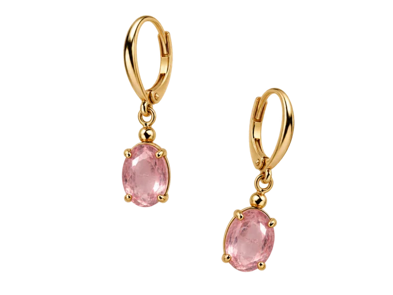 Gold earrings with pink stones over a checkerboard that marks transparent areas.