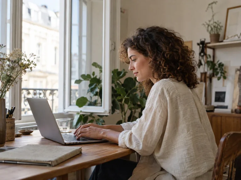 Designer in a linen shirt working on a laptop beside a sunlit studio window