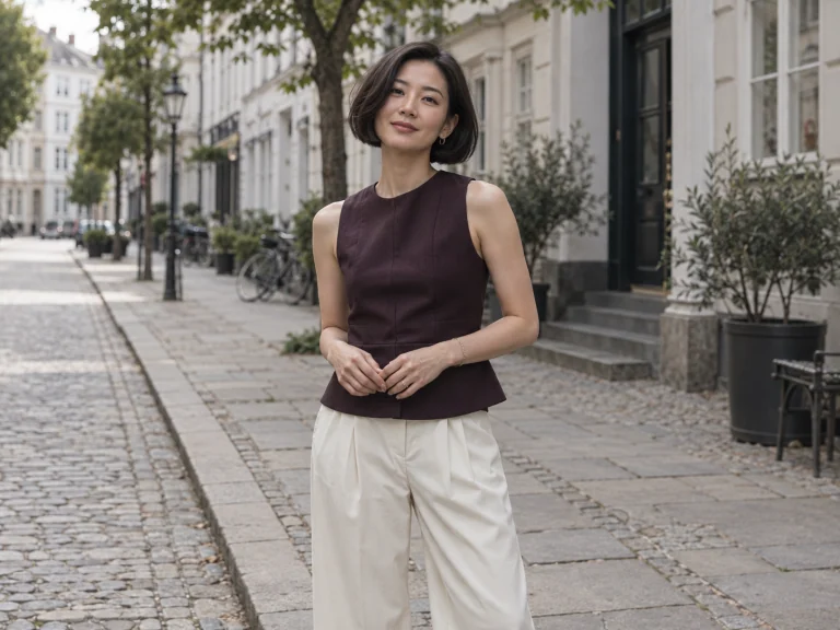 Woman in an aubergine top on a Copenhagen street