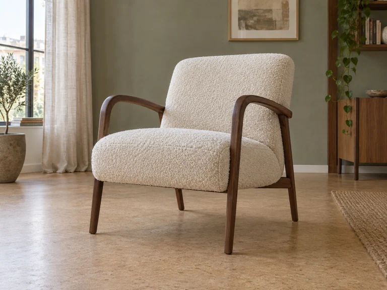 Ivory boucle chair with walnut arms on a cork floor