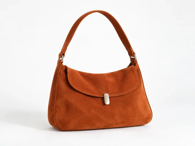 Burnt-orange suede shoulder bag photographed on white studio paper