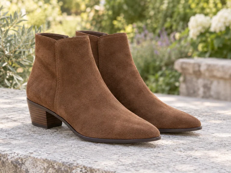 A pair of brown suede ankle boots placed on a stone surface in an outdoor setting.