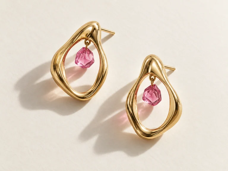 Gold loop earrings with pink gemstones on ivory paper, compared with the same earrings isolated
