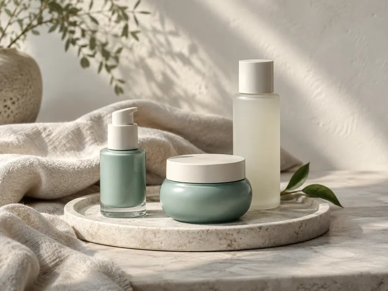 Three unlabeled green and cream skincare containers on a stone tray beside linen.