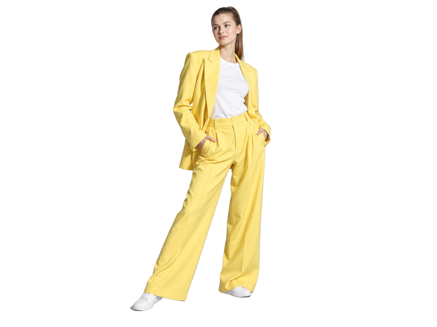 Woman in a yellow tailored suit isolated on the selected example background